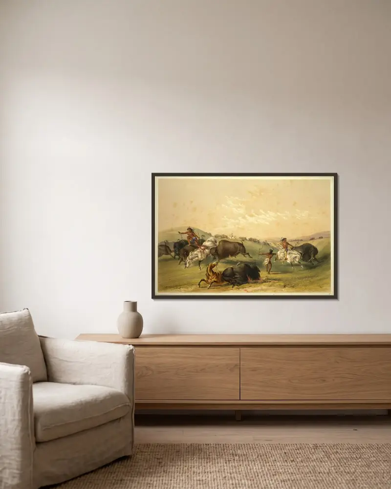 Buffeljakt; en talrik grupp av George Catlin inramad på en vägg