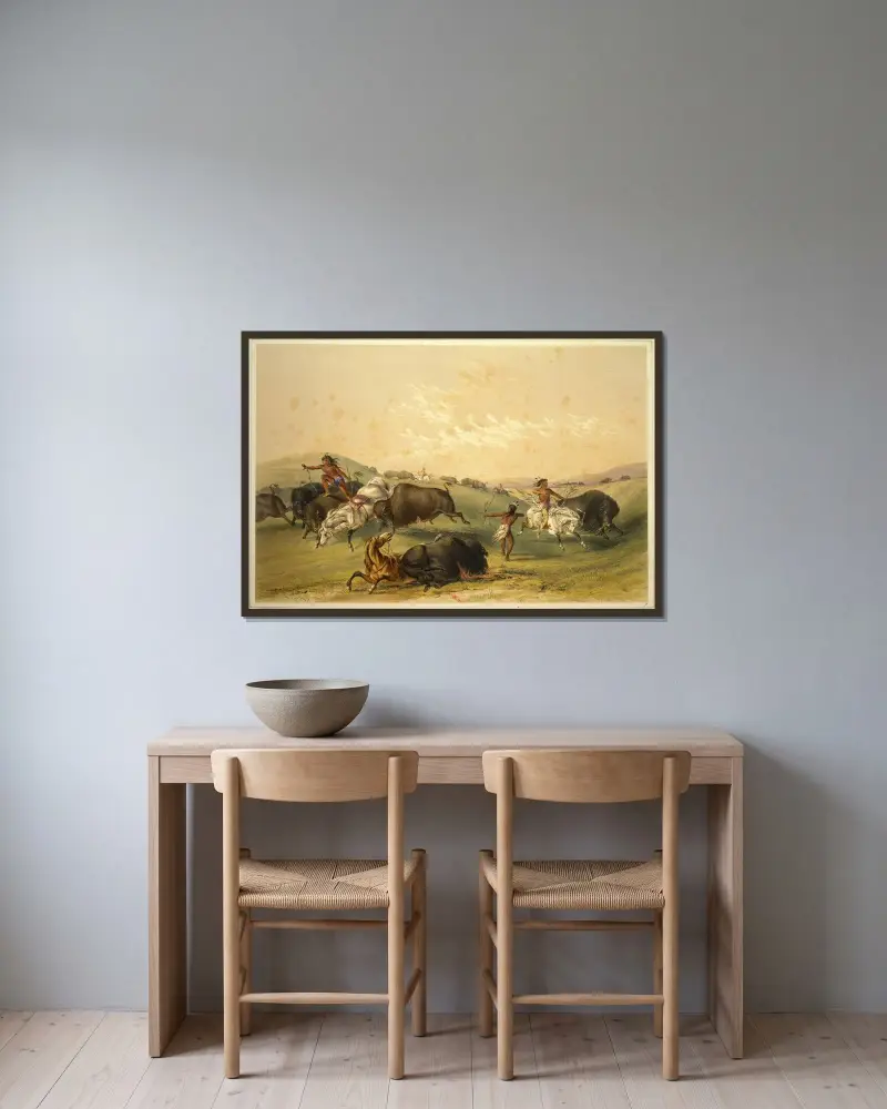 Buffeljakt; en talrik grupp av George Catlin inramad på en vägg