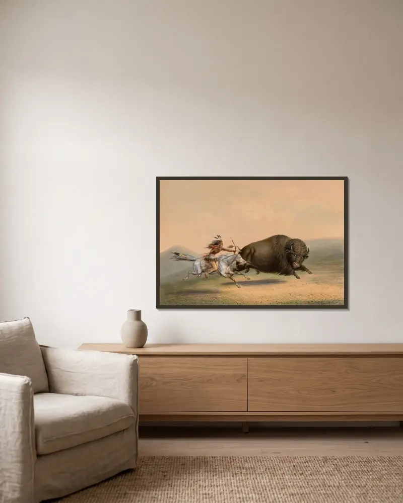Buffeljakt, jakt – nr 5 av George Catlin inramad på en vägg