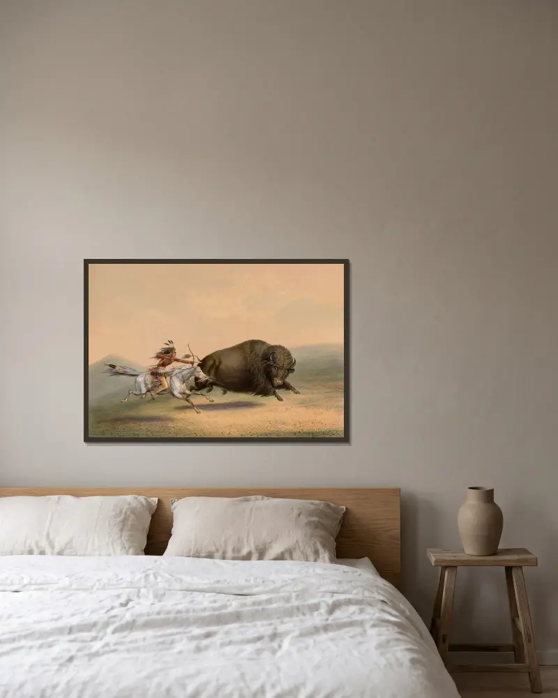 Buffeljakt, jakt – nr 5 av George Catlin inramad på en vägg