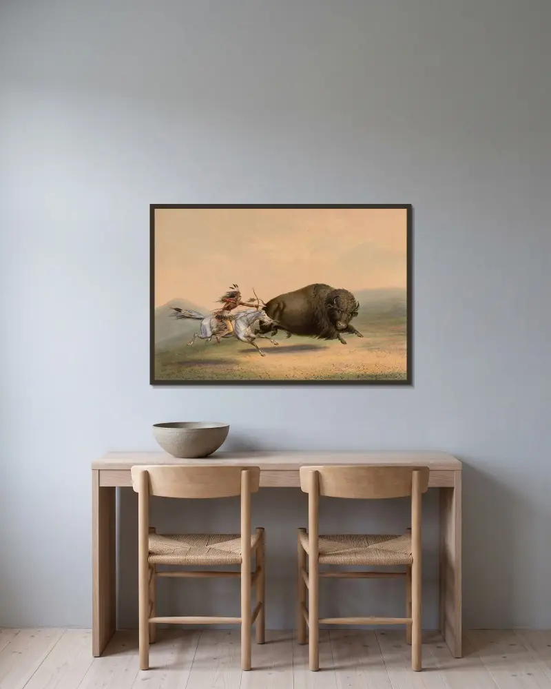 Buffeljakt, jakt – nr 5 av George Catlin inramad på en vägg