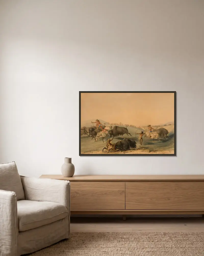 Buffeljakt, förföljelse av George Catlin inramad på en vägg