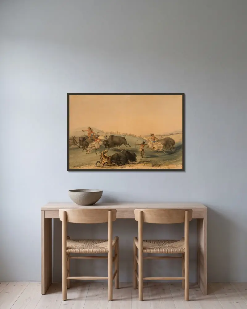 Buffeljakt, förföljelse av George Catlin inramad på en vägg