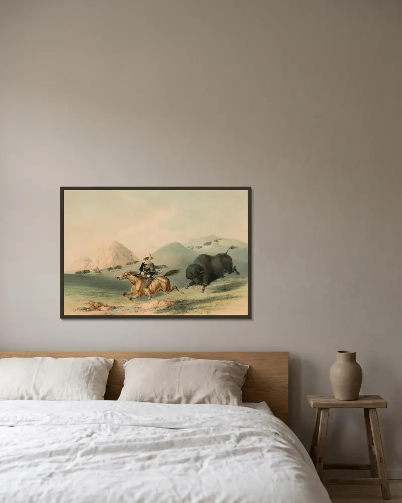 Buffeljakt, jagande tillbaka av George Catlin inramad på en vägg
