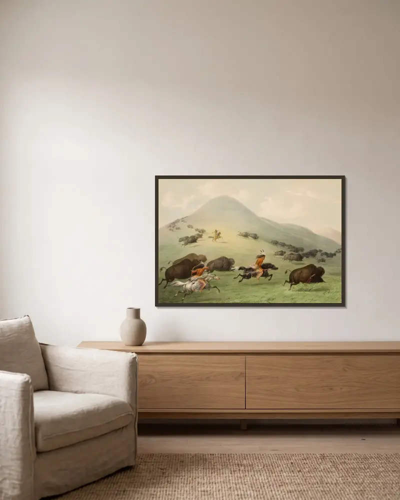Buffalo Hunt, Horseback av George Catlin inramad på en vägg