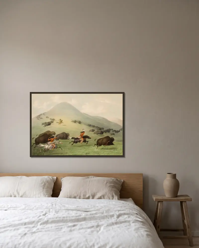 Buffalo Hunt, Horseback av George Catlin inramad på en vägg