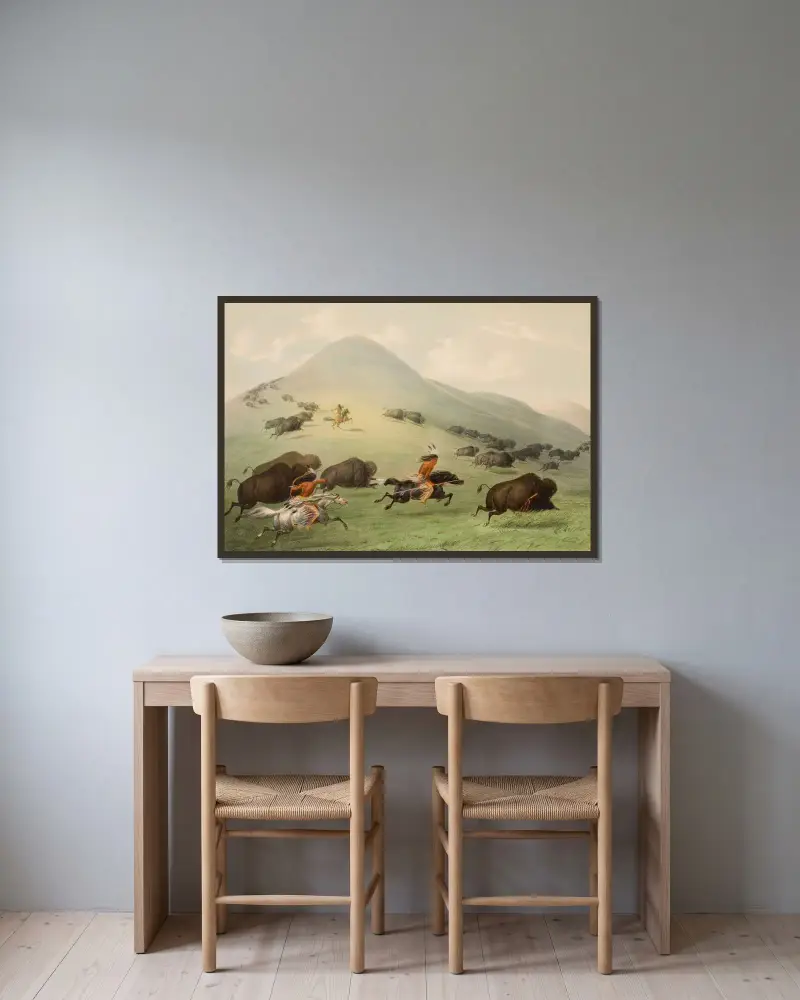 Buffalo Hunt, Horseback av George Catlin inramad på en vägg