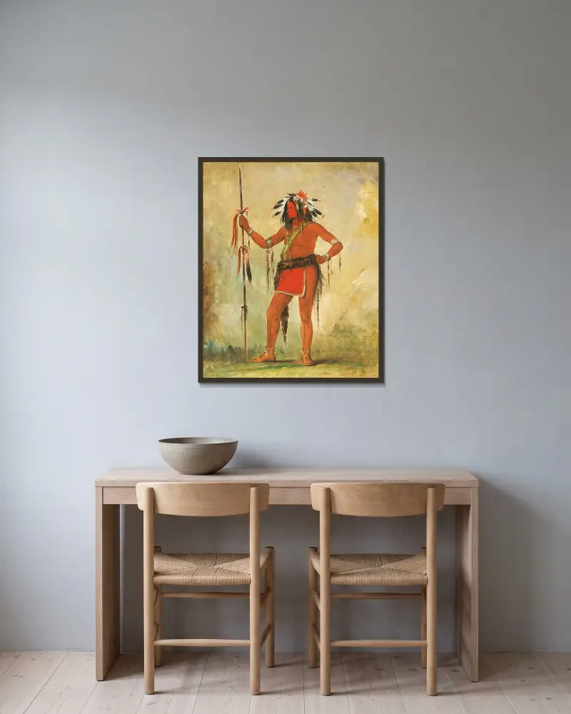 Cáh-Be-Múb-Bee, He Who Sits Everywhere, a Brave av George Catlin inramad på en vägg