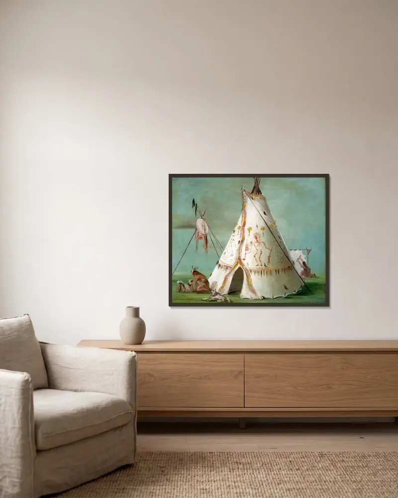 Crow Lodge aus fünfundzwanzig Büffelhäuten von George Catlin gerahmt an einer Wand