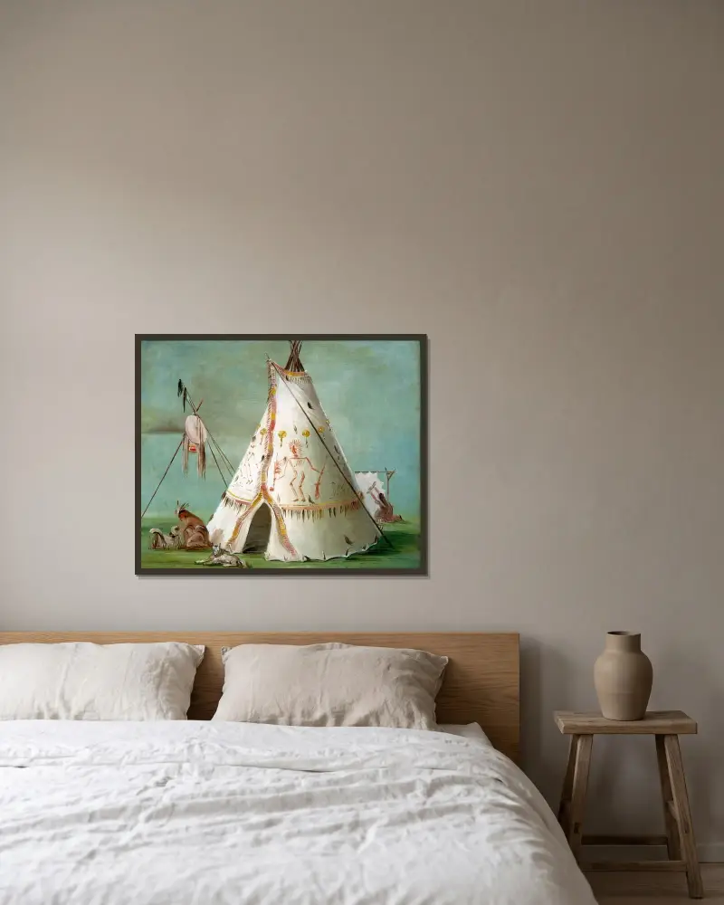 Crow Lodge aus fünfundzwanzig Büffelhäuten von George Catlin gerahmt an einer Wand