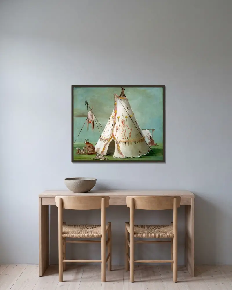 Crow Lodge aus fünfundzwanzig Büffelhäuten von George Catlin gerahmt an einer Wand