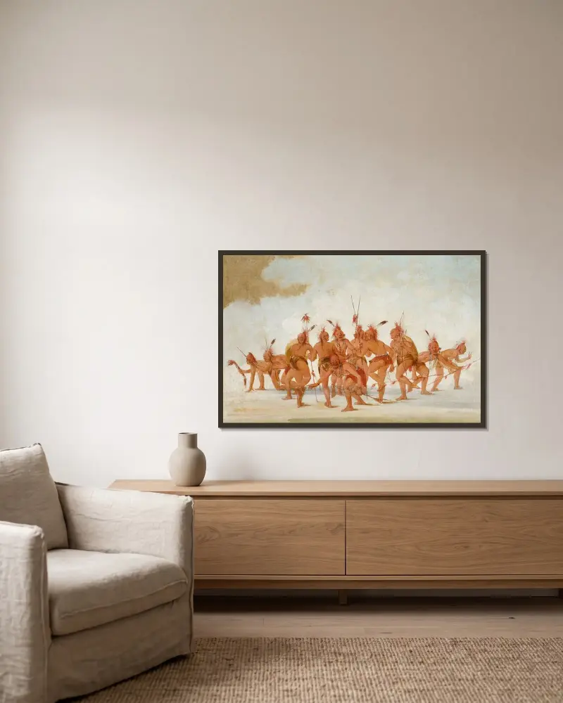 Upptäcktsdans, Sac och Fox av George Catlin inramad på en vägg