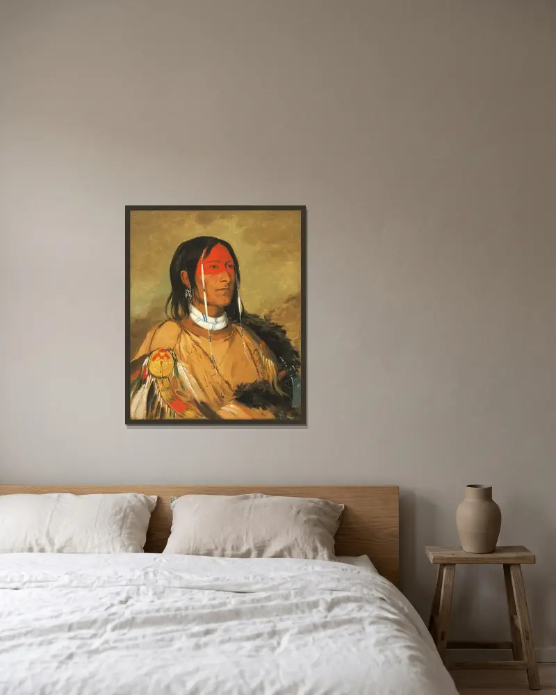 Eeh-Tow-Wées-Ka-Zeet, Han som har ögon bakom sig (även känd som Bruten Arm), en främsta modig krigare av George Catlin inramad på en vägg