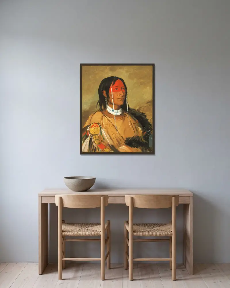 Eeh-Tow-Wées-Ka-Zeet, Han som har ögon bakom sig (även känd som Bruten Arm), en främsta modig krigare av George Catlin inramad på en vägg