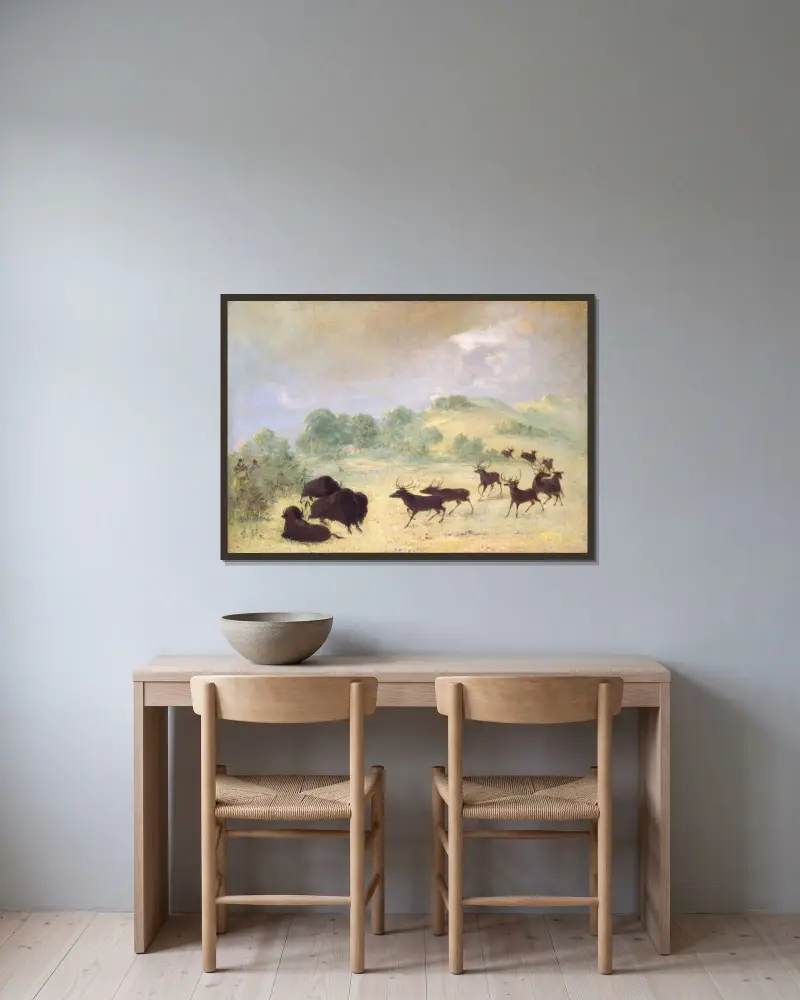 Älg och bison som bekantar sig, Texas av George Catlin inramad på en vägg