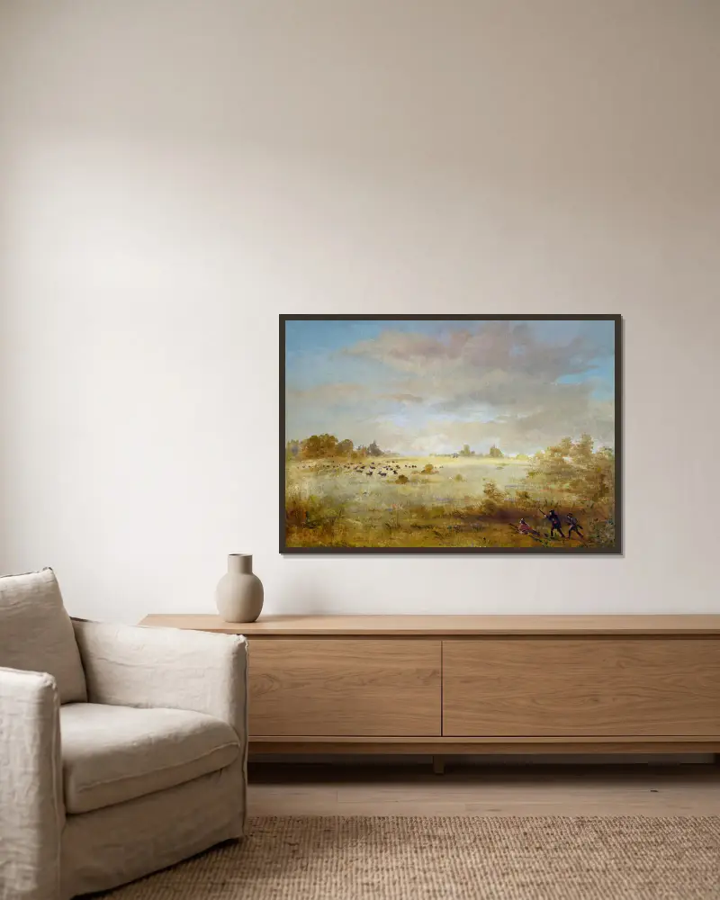 Wapitihjort som betar på en höstprärie av George Catlin inramad på en vägg