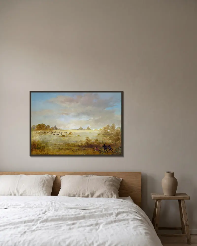 Wapitihjort som betar på en höstprärie av George Catlin inramad på en vägg