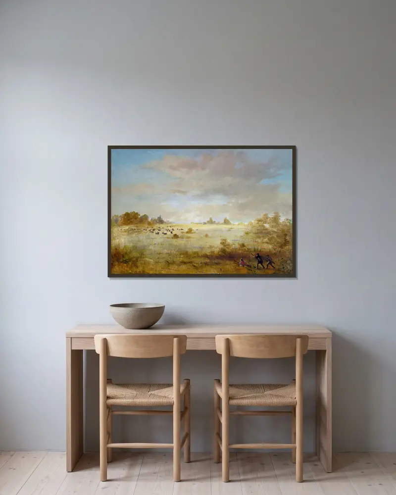 Wapitihjort som betar på en höstprärie av George Catlin inramad på en vägg