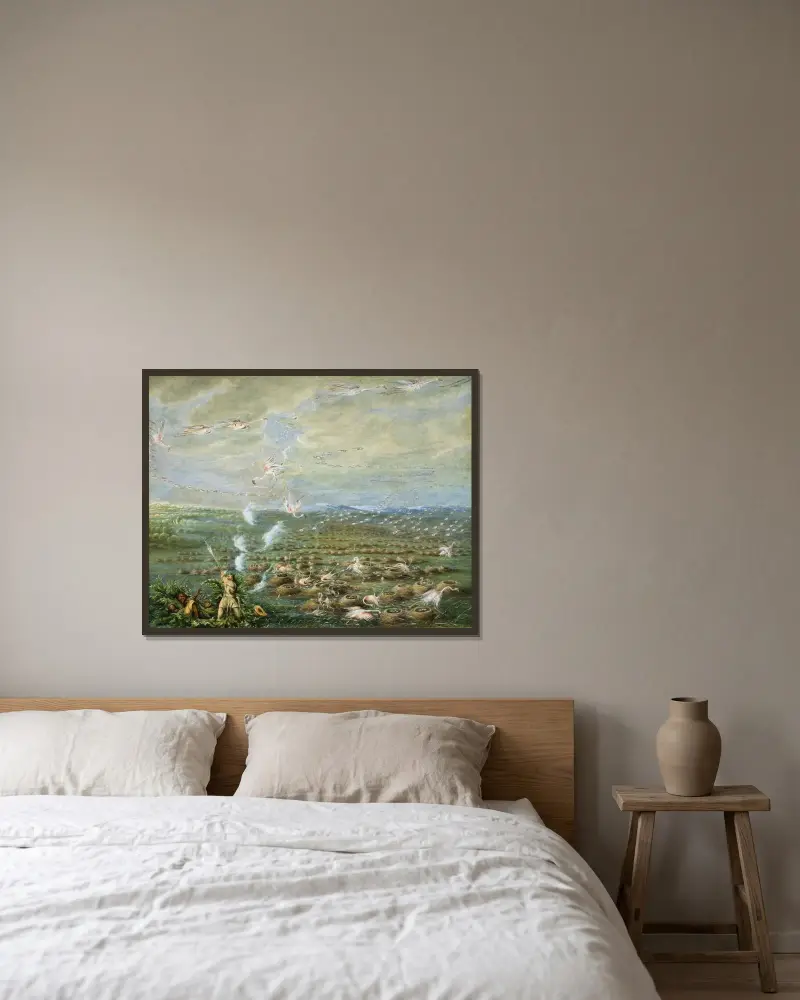 Flamingojakt i Sydamerika av George Catlin inramad på en vägg