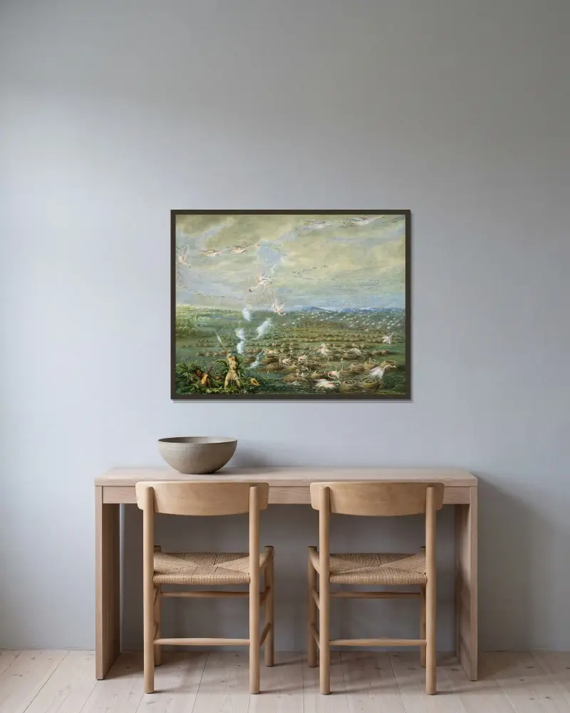 Flamingojakt i Sydamerika av George Catlin inramad på en vägg