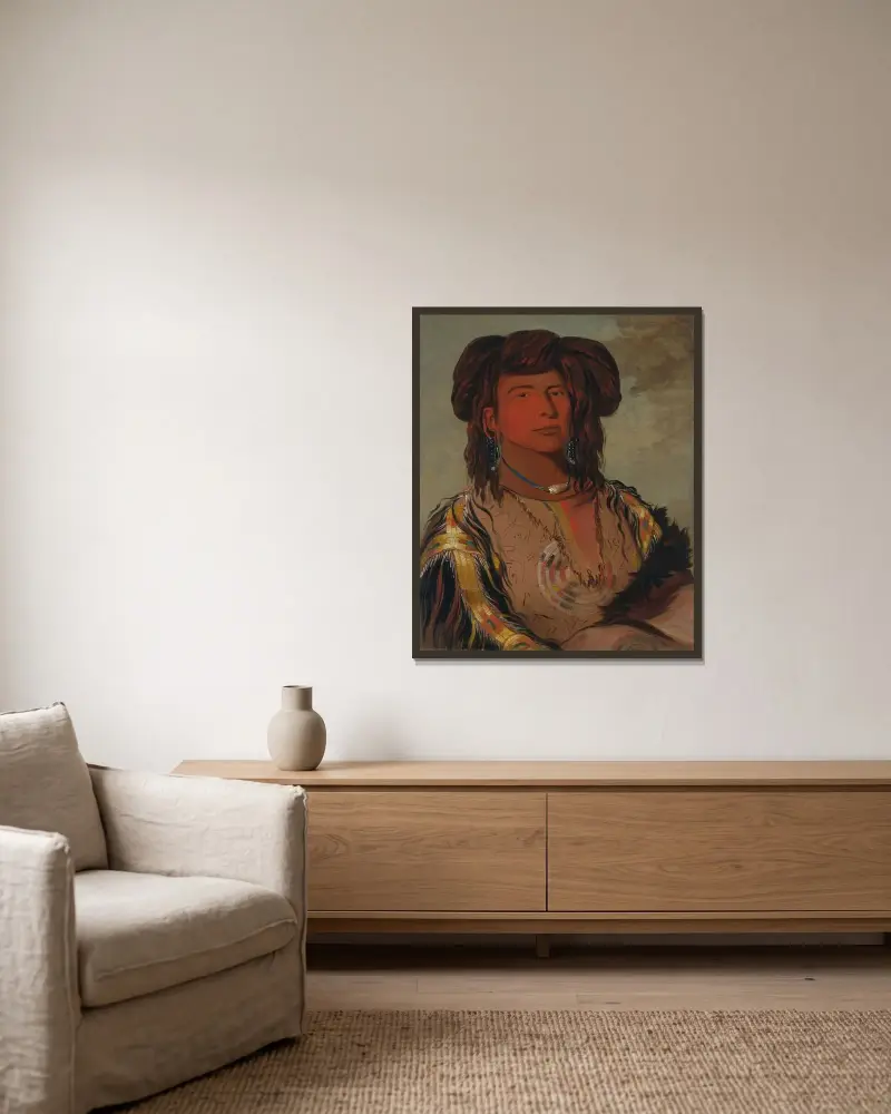 Ha-wón-je-tah, One Horn, Head Chief of the Miniconjou Tribe av George Catlin inramad på en vägg