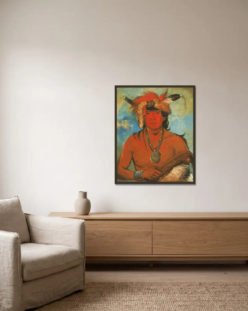 Háh-Je-Day-Ah’-Shee, Meeting Birds, a Brave av George Catlin inramad på en vägg