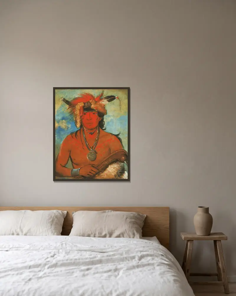 Háh-Je-Day-Ah’-Shee, Meeting Birds, a Brave av George Catlin inramad på en vägg