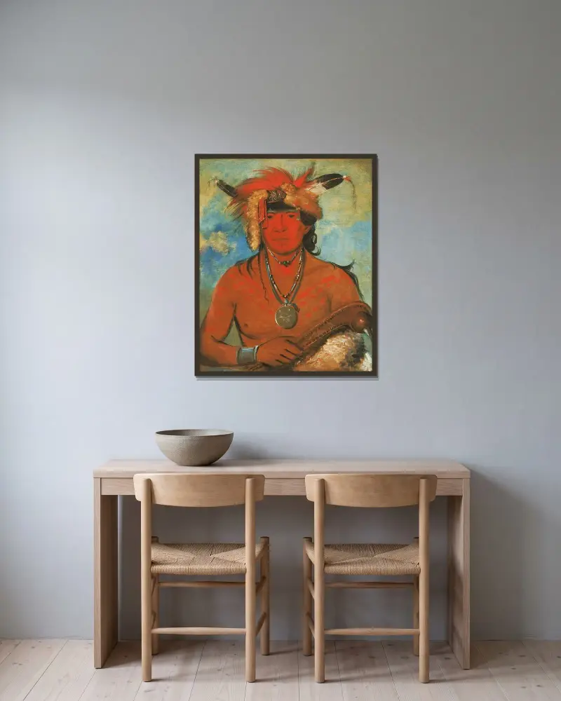 Háh-Je-Day-Ah’-Shee, Meeting Birds, a Brave av George Catlin inramad på en vägg