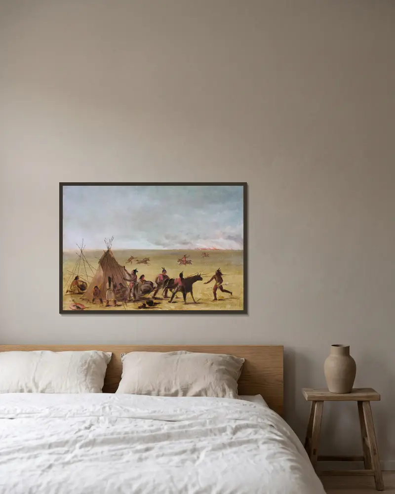 Indian Family Alarmed At The Approach of a Prairie Fire av George Catlin inramad på en vägg