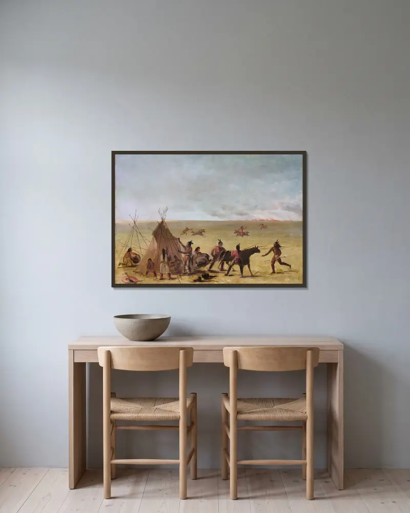 Indian Family Alarmed At The Approach of a Prairie Fire av George Catlin inramad på en vägg
