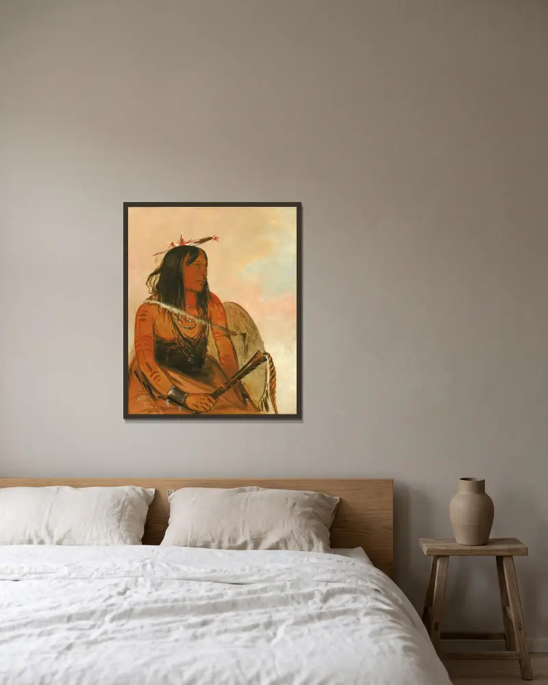 Ish-A-Ró-Yeh, He Who Carries a Wolf, a Distinguished Brave av George Catlin inramad på en vägg