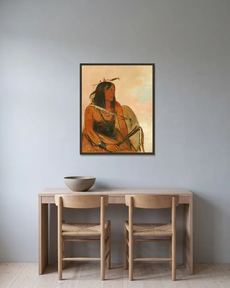 Ish-A-Ró-Yeh, He Who Carries a Wolf, a Distinguished Brave av George Catlin inramad på en vägg