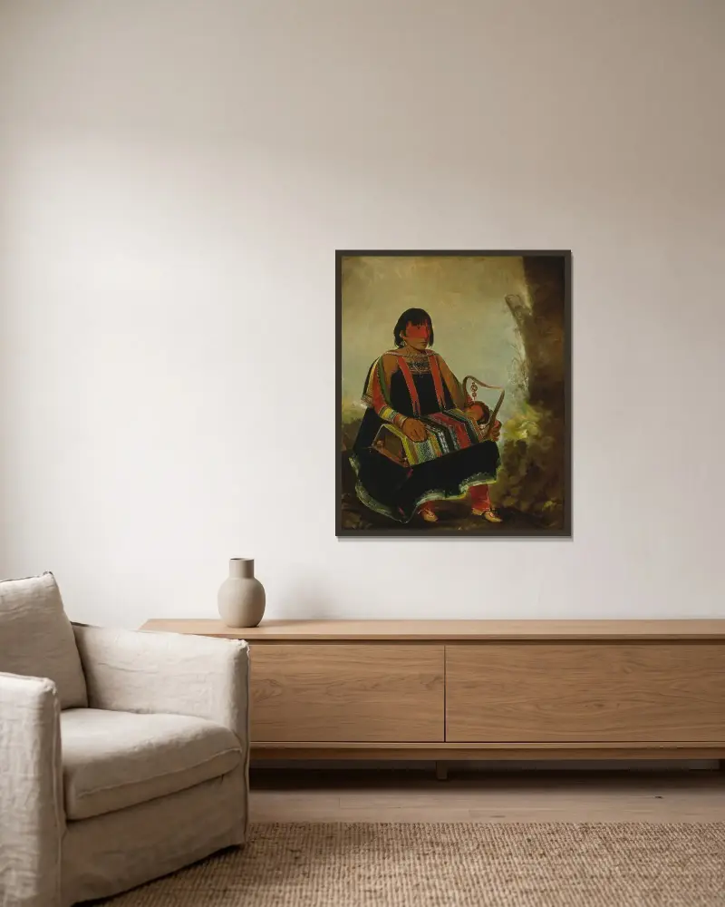 Jú-Ah-Kís-Gaw, Frau mit ihrem Kind in einer Wiege von George Catlin gerahmt an einer Wand