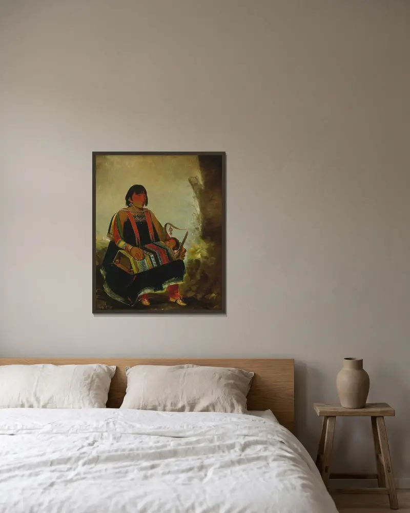 Jú-Ah-Kís-Gaw, Frau mit ihrem Kind in einer Wiege von George Catlin gerahmt an einer Wand