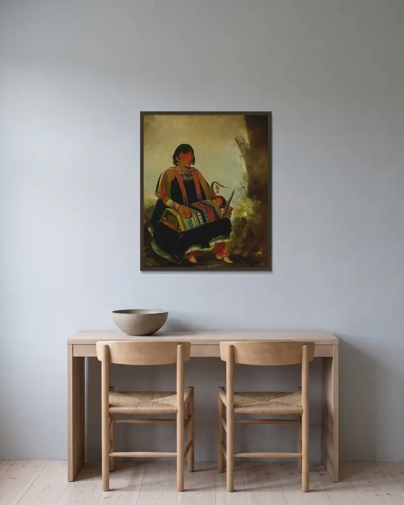 Jú-Ah-Kís-Gaw, Frau mit ihrem Kind in einer Wiege von George Catlin gerahmt an einer Wand