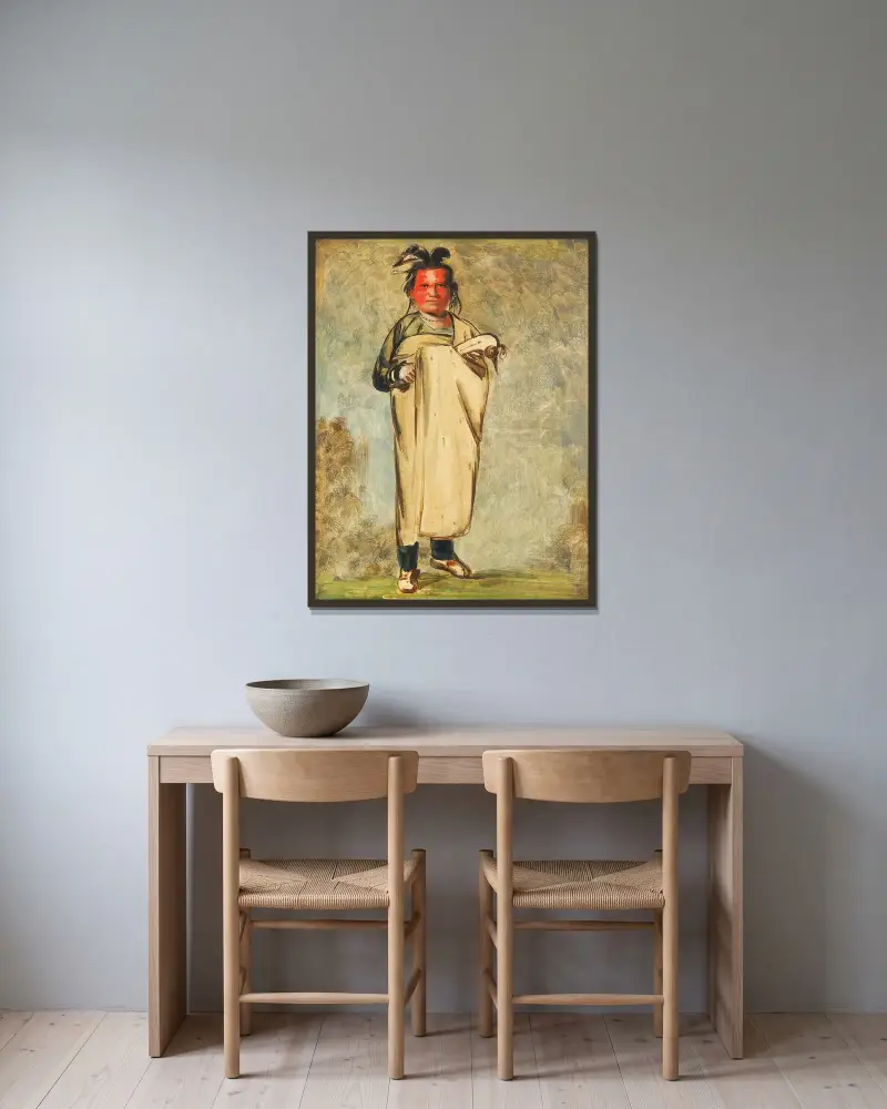 Káw-Kaw-Ne-Chóo-A, a Brave av George Catlin inramad på en vägg