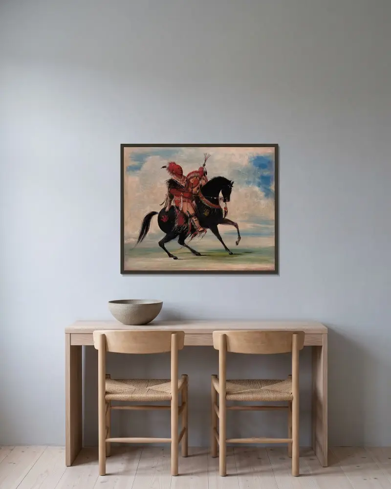 Kee-O-Kúk, The Watchful Fox, Chief of The Tribe, On Horseback av George Catlin inramad på en vägg