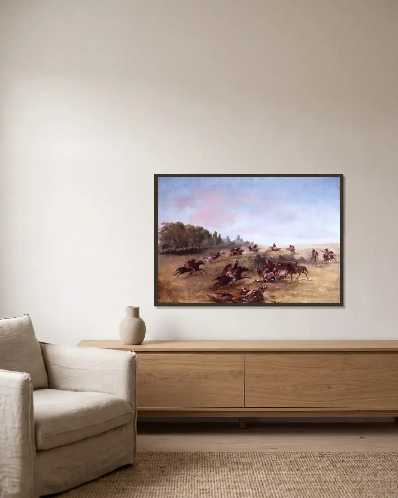 Mounted War Party Scouring A Thicket av George Catlin inramad på en vägg
