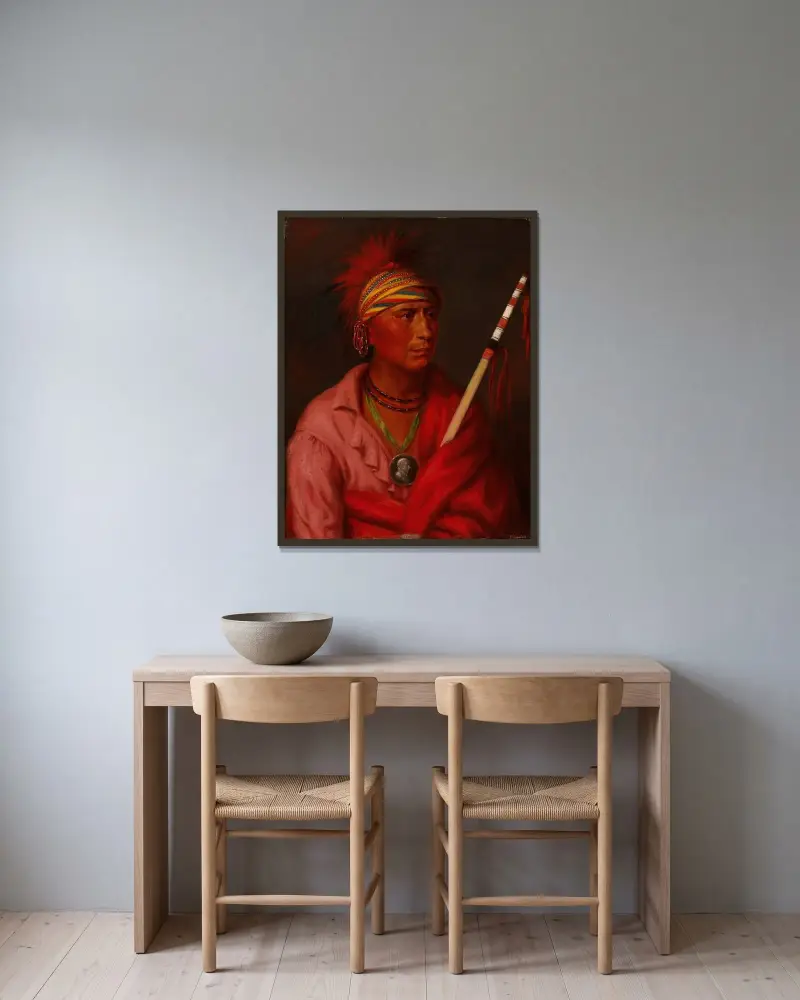 No Heart (Nan-Che-Ning-Ga) av George Catlin inramad på en vägg