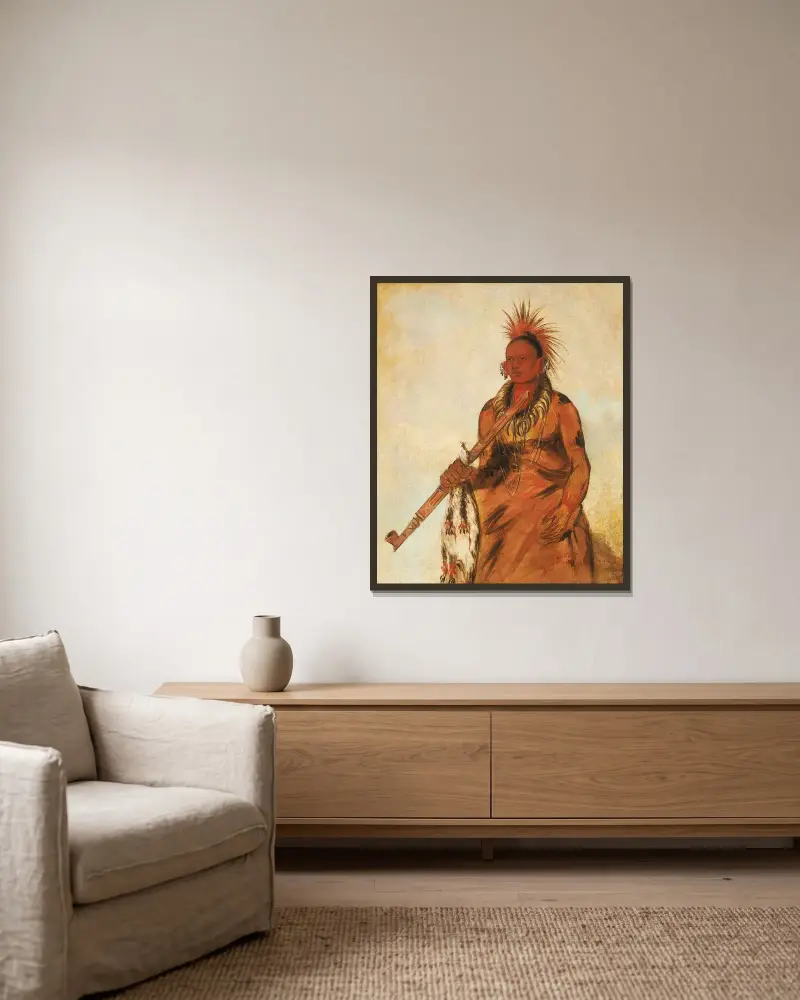 No-o-mún-nee, Walks in the Rain, a Warrior av George Catlin inramad på en vägg
