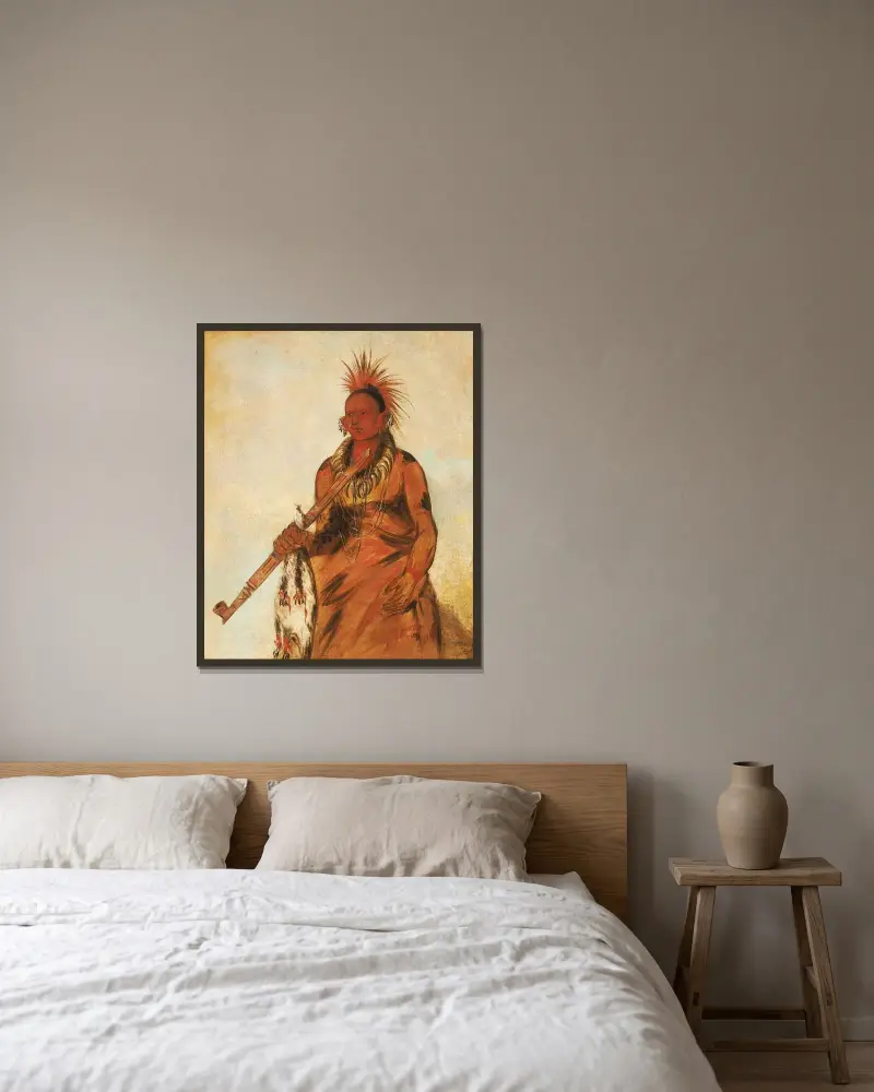No-o-mún-nee, Walks in the Rain, a Warrior av George Catlin inramad på en vägg