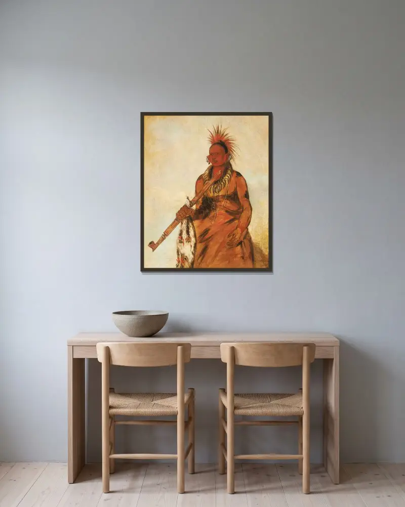No-o-mún-nee, Walks in the Rain, a Warrior av George Catlin inramad på en vägg