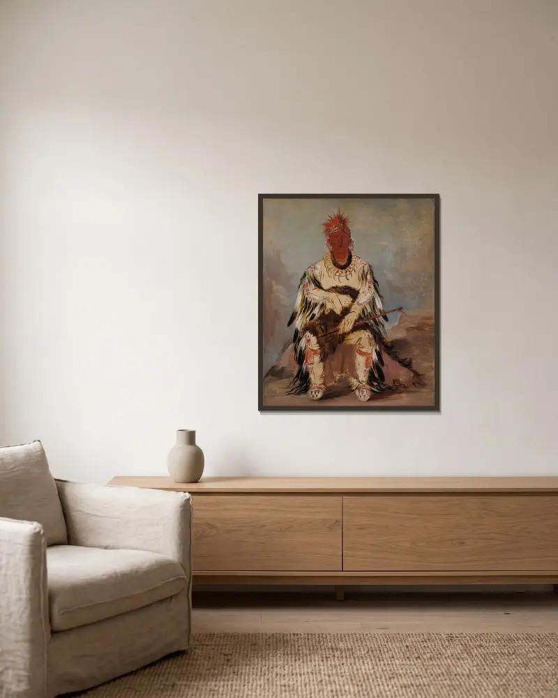 No-Wáy-Ke-Súg-Gah, He Who Strikes Two At Once, a Brave av George Catlin inramad på en vägg