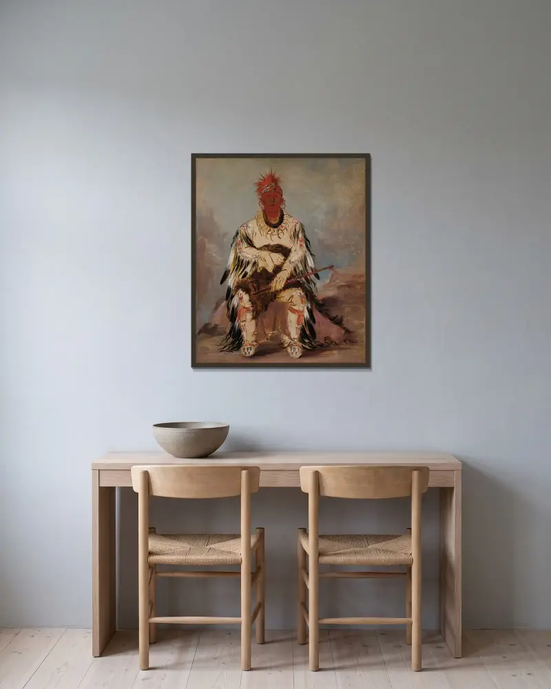 No-Wáy-Ke-Súg-Gah, He Who Strikes Two At Once, a Brave av George Catlin inramad på en vägg
