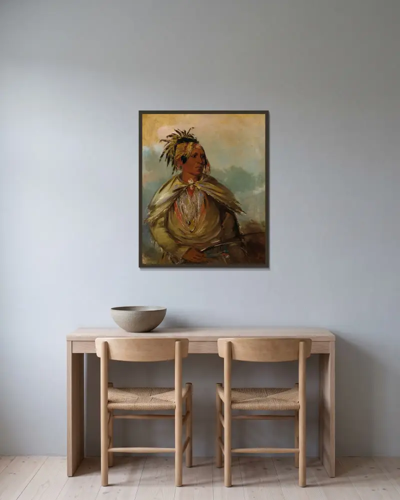 Pah-Mee-Ców-Ee-Tah, Man Who Tracks, a Chief av George Catlin inramad på en vägg