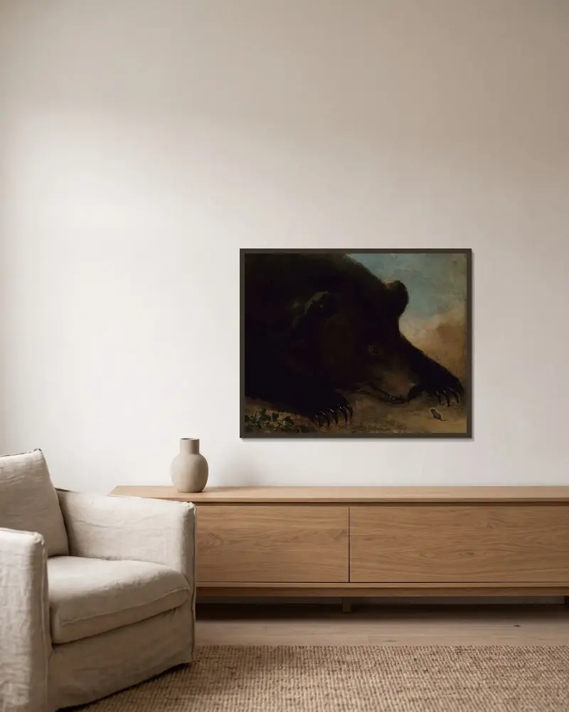 Porträtt av en grizzlybjörn och mus, i naturlig storlek av George Catlin inramad på en vägg