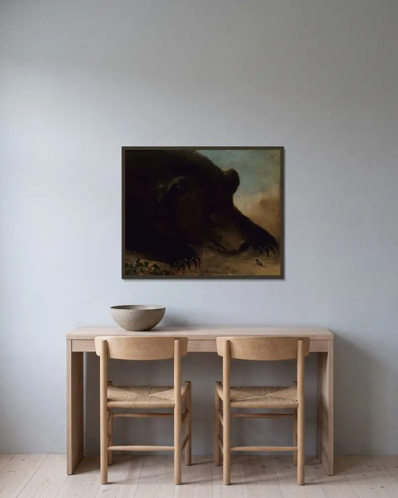 Porträtt av en grizzlybjörn och mus, i naturlig storlek av George Catlin inramad på en vägg