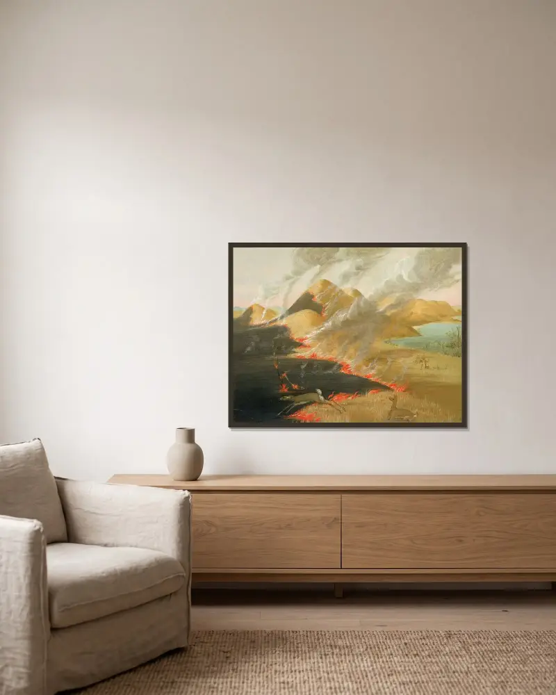 Prairie Bluffs Burning av George Catlin inramad på en vägg