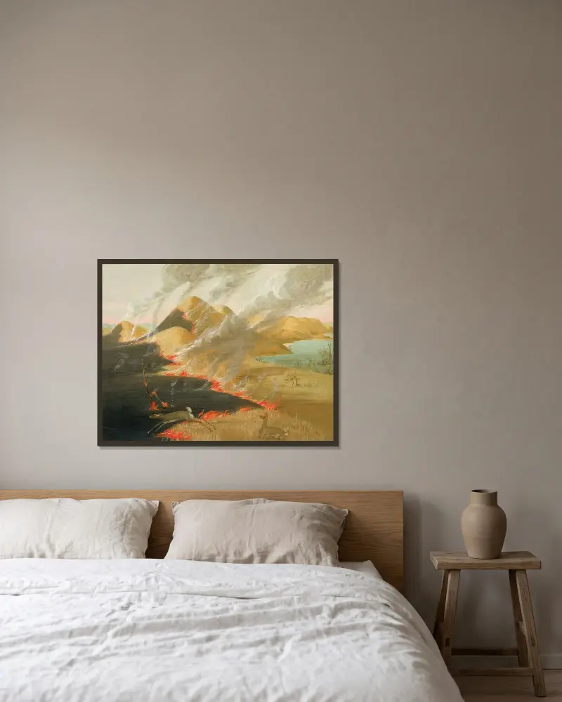 Prairie Bluffs Burning av George Catlin inramad på en vägg