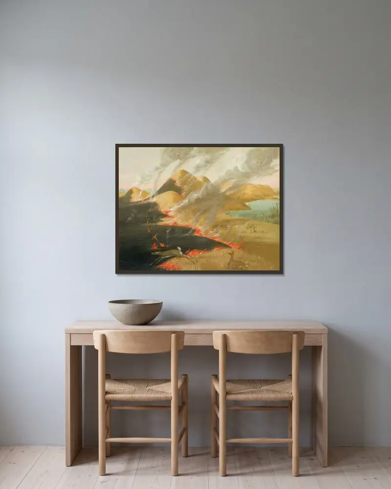 Prairie Bluffs Burning av George Catlin inramad på en vägg